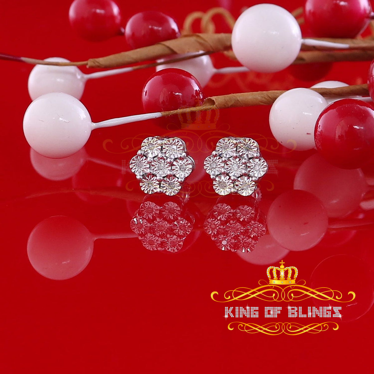 King Of Bling's 0.05ct Diamond 925 Sterling Silver White Floral Style Earrings For Men / Women KING OF BLINGS