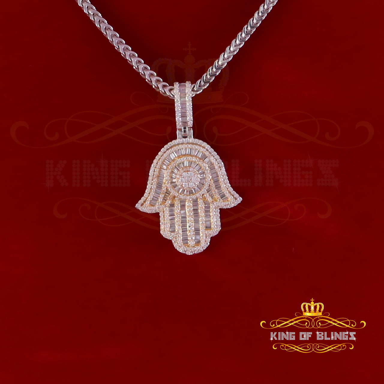 King Of Bling's 4.00ct VVS D Moissanite Baggutte Shape White Silver Hamsa Pendant Men & Women KING OF BLINGS