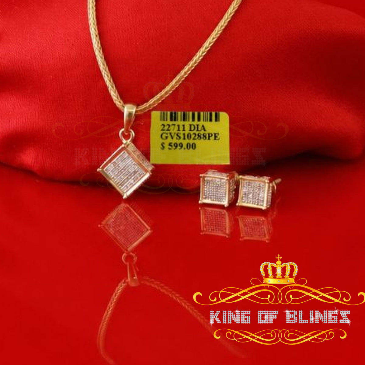 King of Bling's 925Yellow Silver 0.33CT Genuine Diamond Kite Shape Medallion Pendant&Earring Set King of Blings
