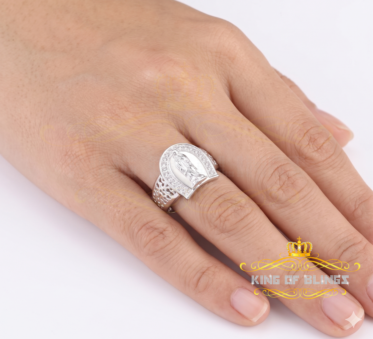 King Of Bling'sWhite Virgin Merry CZ 925 Sterling Silver Horse Shoe Shape Women's Religious Ring SZ 8 KING OF BLINGS