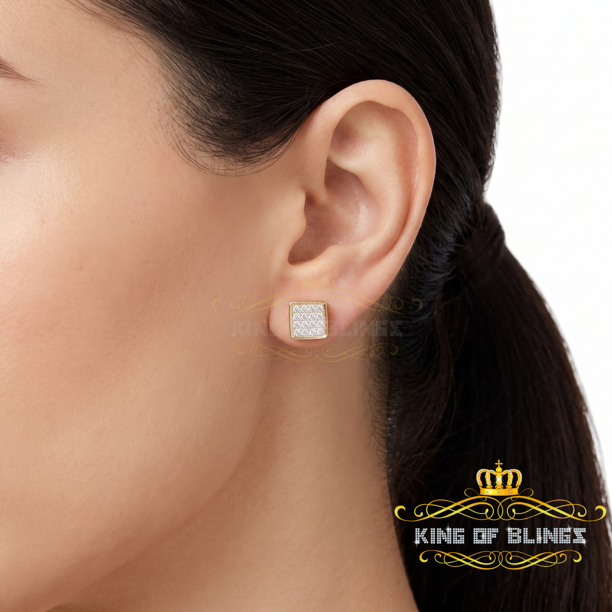 King Of Bling's 925 Yellow Sterling Silver 0.15ct Diamond For Women's & Men's Square Earrings KING OF BLINGS