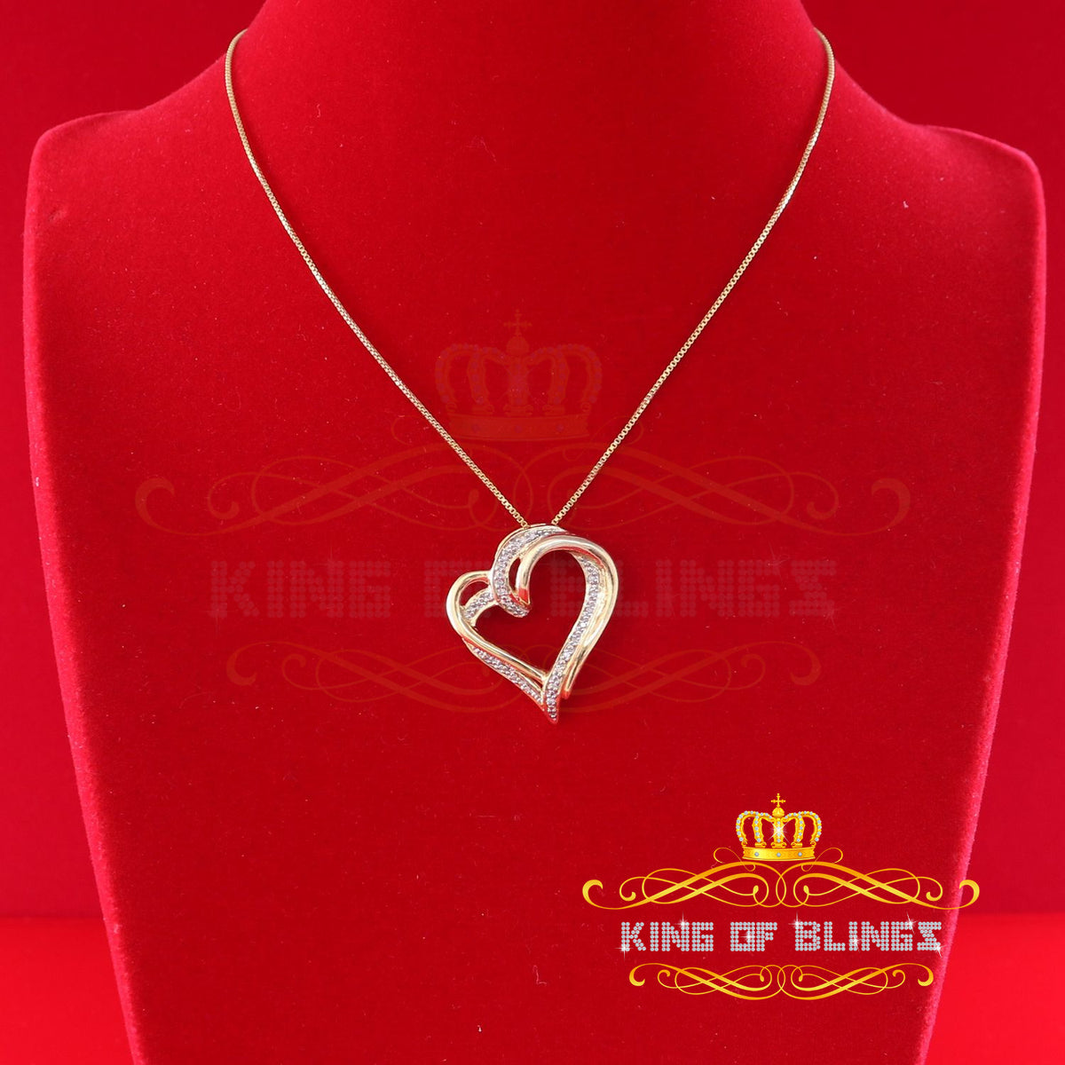 King Of Bling's Real 0.10 ct Diamond 925 Sterling Silver HEART Charm Necklace Yellow Pendant KING OF BLINGS