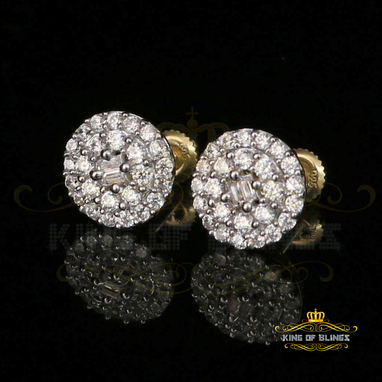 King of Bling's Aretes Para Hombre 925 Yellow Silver 1.86ct Cubic Zirconia Round Women's Earring KING OF BLINGS