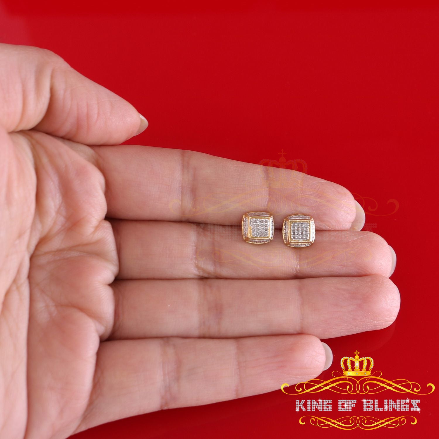 King of Blings-0.10ct Diamond Stud Earrings For Women Yellow 925 Sterling Silver Stud For Men KING OF BLINGS