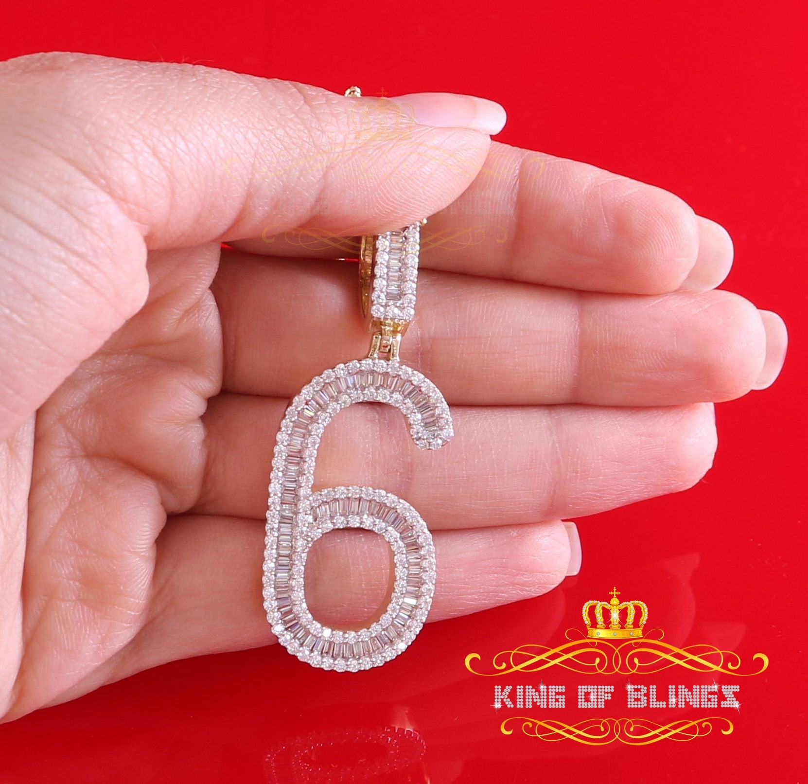 Yellow 925 Silver Baguette Numeric Number '6' Pendant 4.86ct Cubic Zirconia KING OF BLINGS