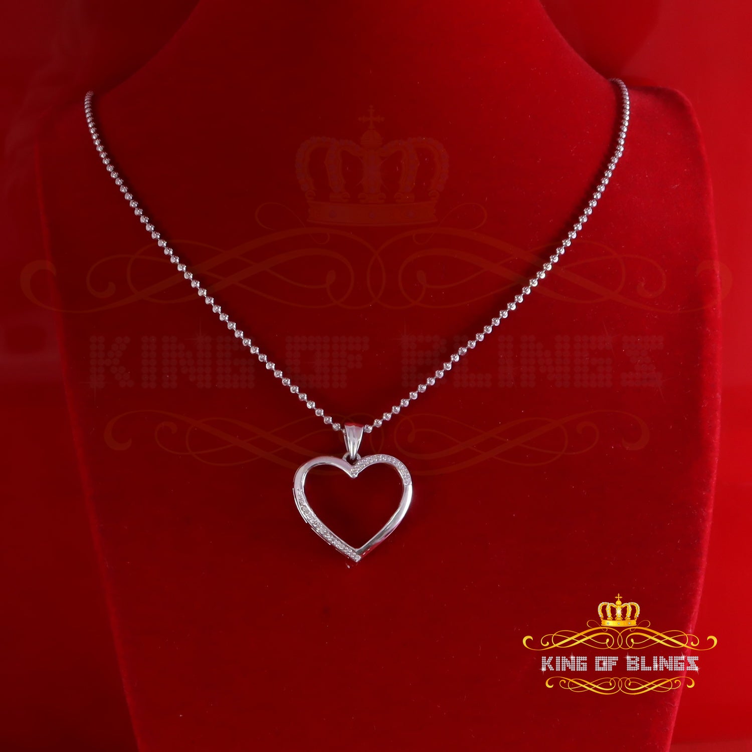 King Of Bling's Real 0.12CT Diamond Heart in 925 Sterling Silver White Charm Necklace Pendant KING OF BLINGS