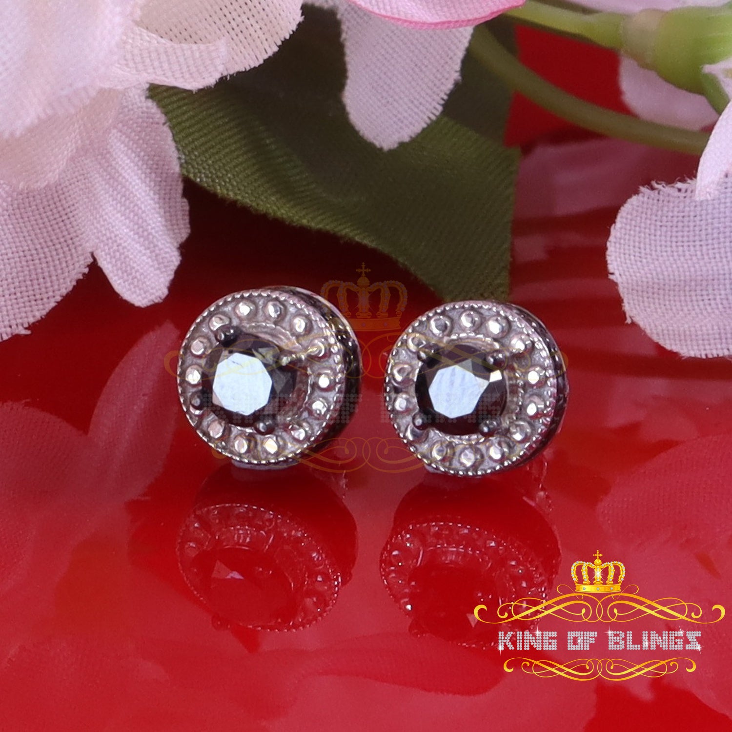 King Of Bling's 0.75ct Black Diamond 925 Silver White for Men's/Womens Stud Round Halo Earrings KING OF BLINGS
