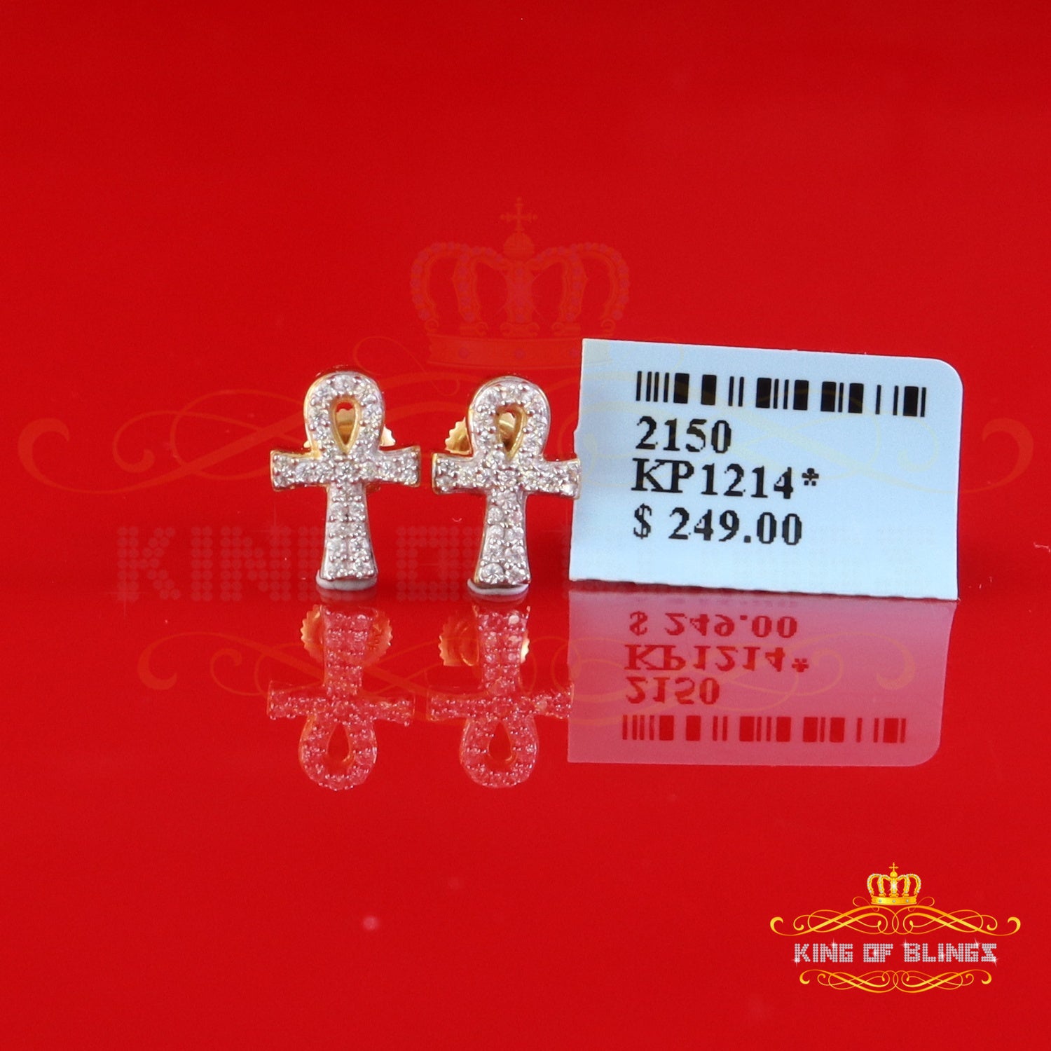 King  of Bling's 925 Yellow Silver 0.25ct VVS 'D' Moissanite Ankh Stud Earring Men's/Womens King of Blings