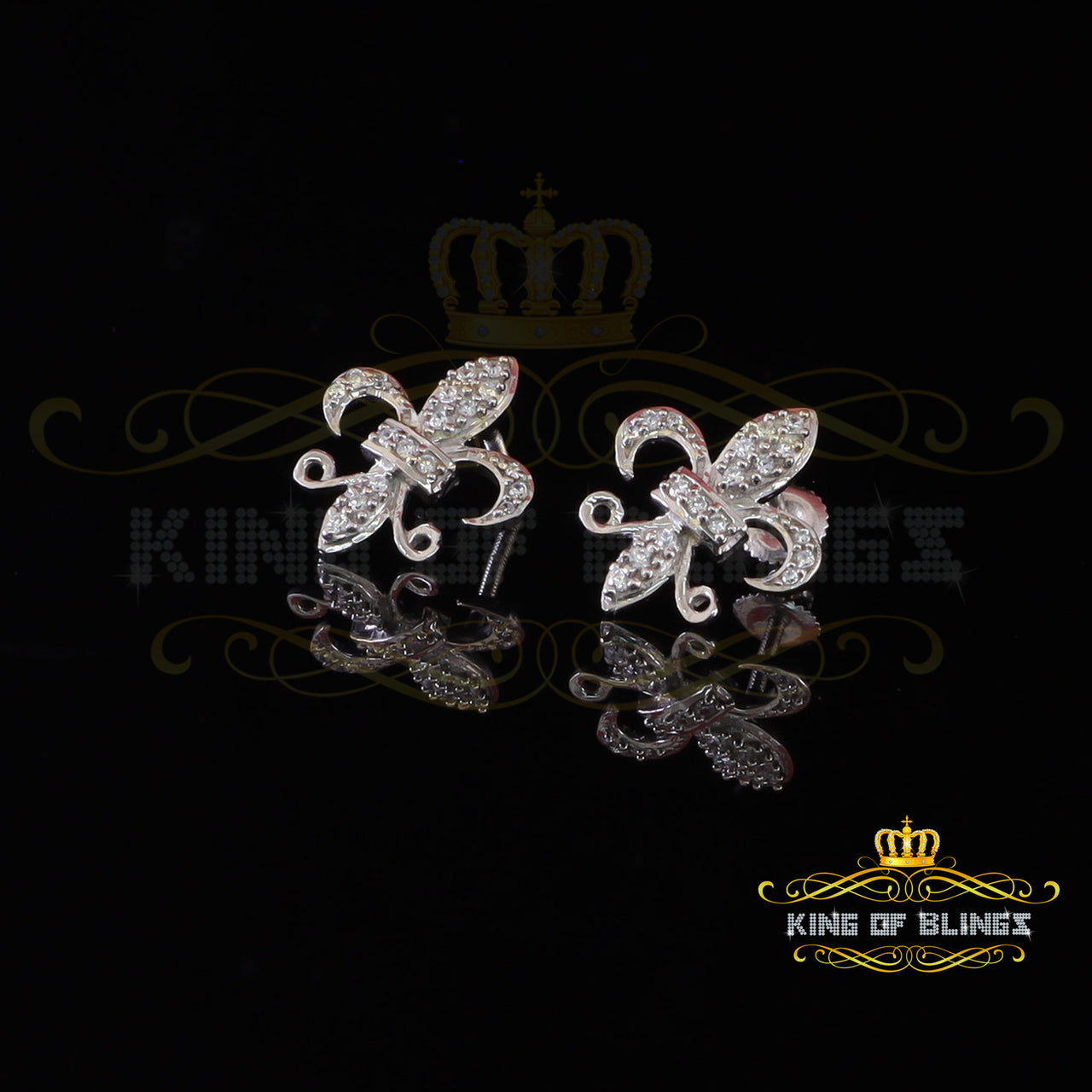 King of Bling's 925 White Silver Women's Fleur de Lis Screw Back 0.36ct Cubic Zirconia Earrings