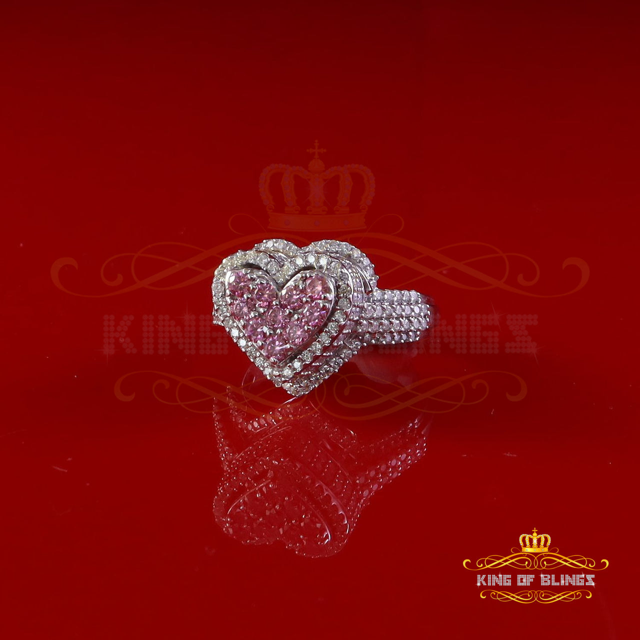 King of Bling's 2.50CT Women's925 Silver White VVS 'D' PINK Moissanite 3D Heart Shape Ring Size7