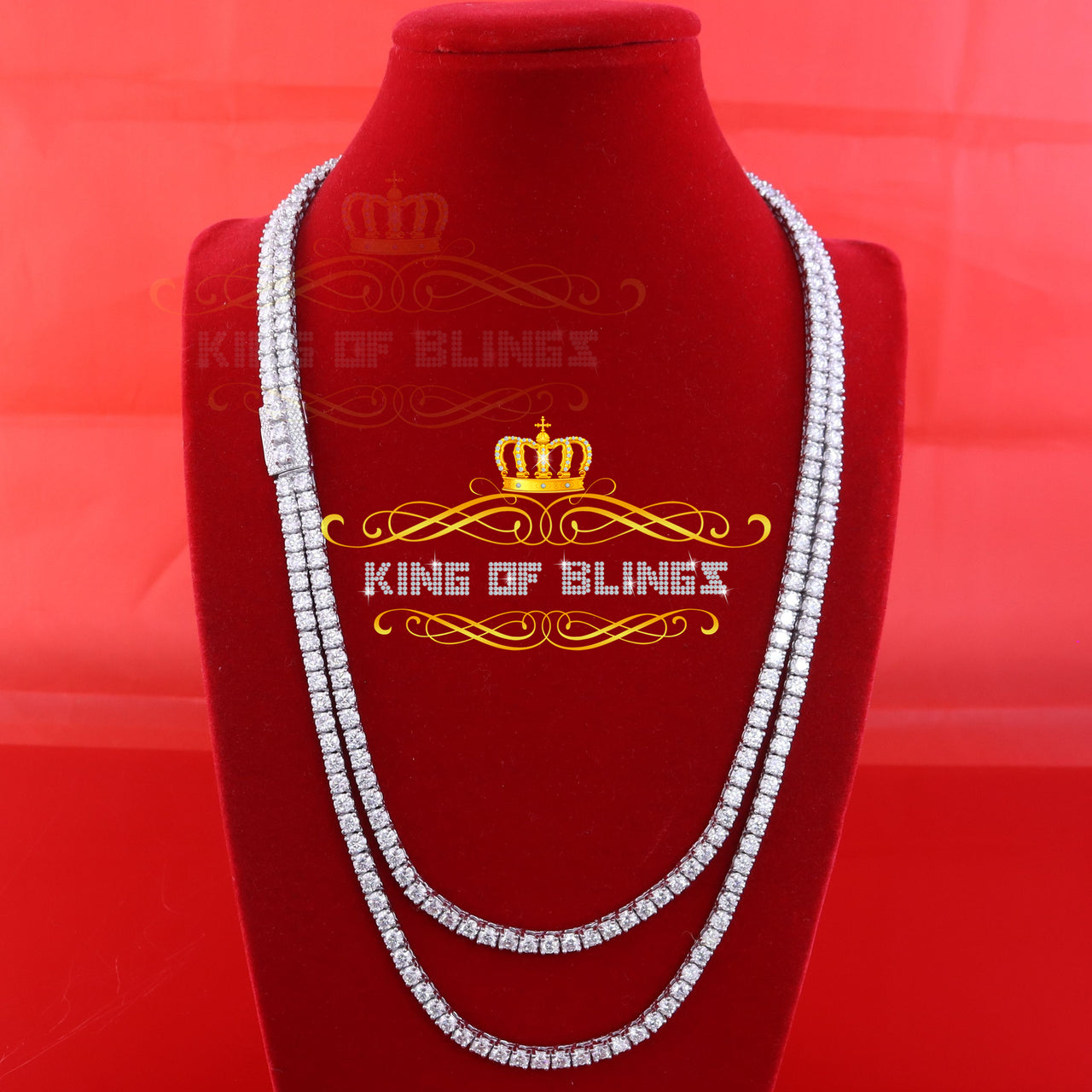 Tennis Men's Necklace 925 Silver White 55ct Moissanite size 22inch & Width 4mm KING OF BLINGS