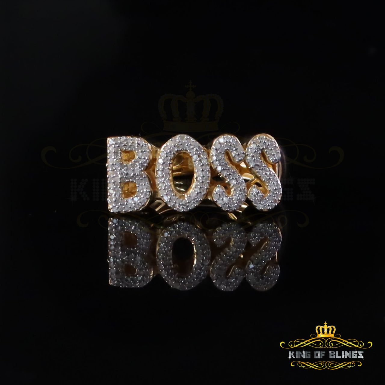 King Of Bling's Stylish "BOSS" 925 Silver Yellow 0.50ct Micro Real Diamond Men's Band Ring SZ 8