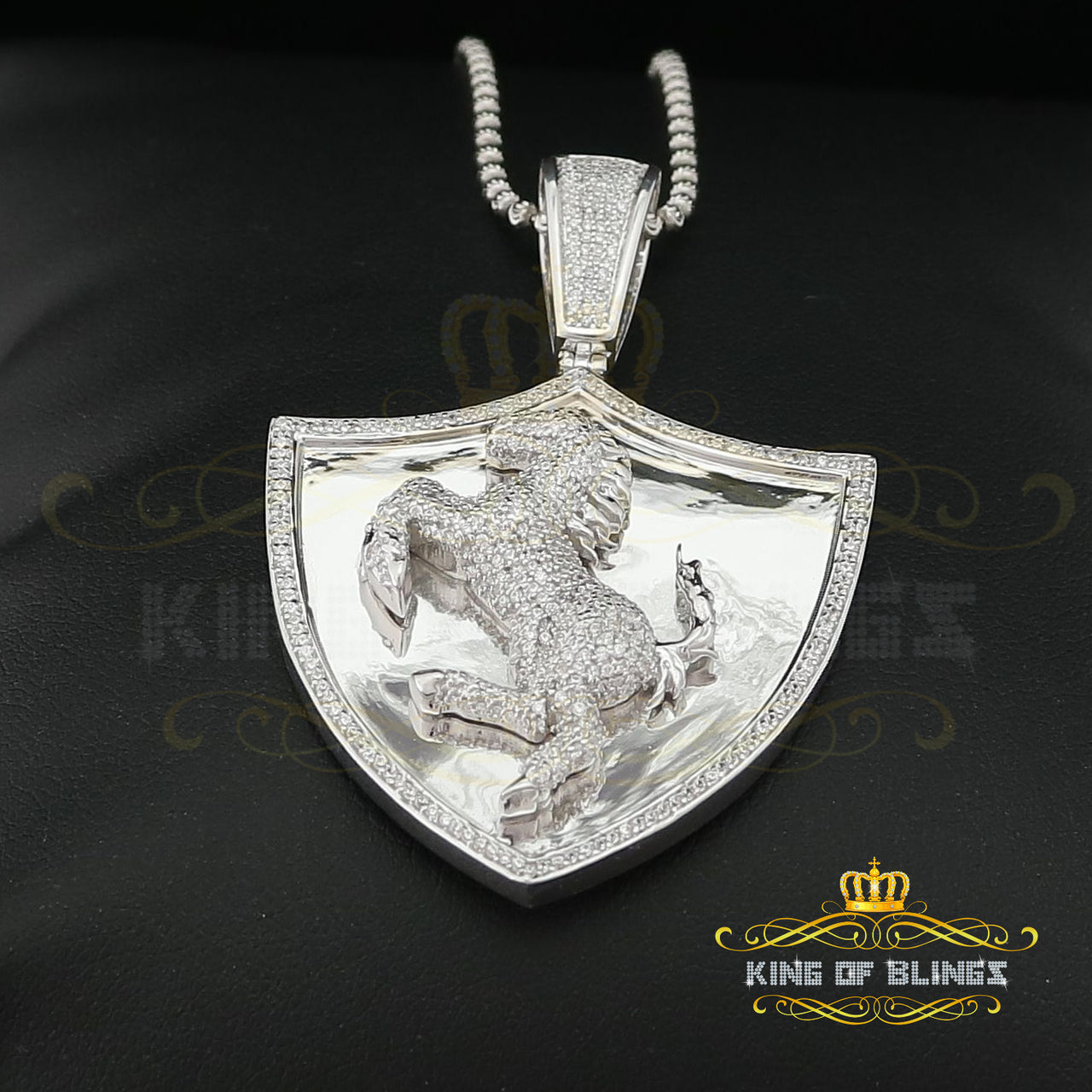 White 925 Sterling Silver Horse Shield Shape Pendant 4.44ct Cubic Zirconia KING OF BLINGS