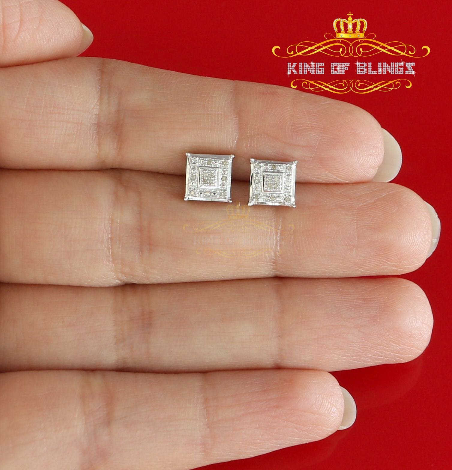 King Of Bling's 0.05ct Diamond 925 Sterling Silver White Stud Women's & Men's Square Earrings KING OF BLINGS