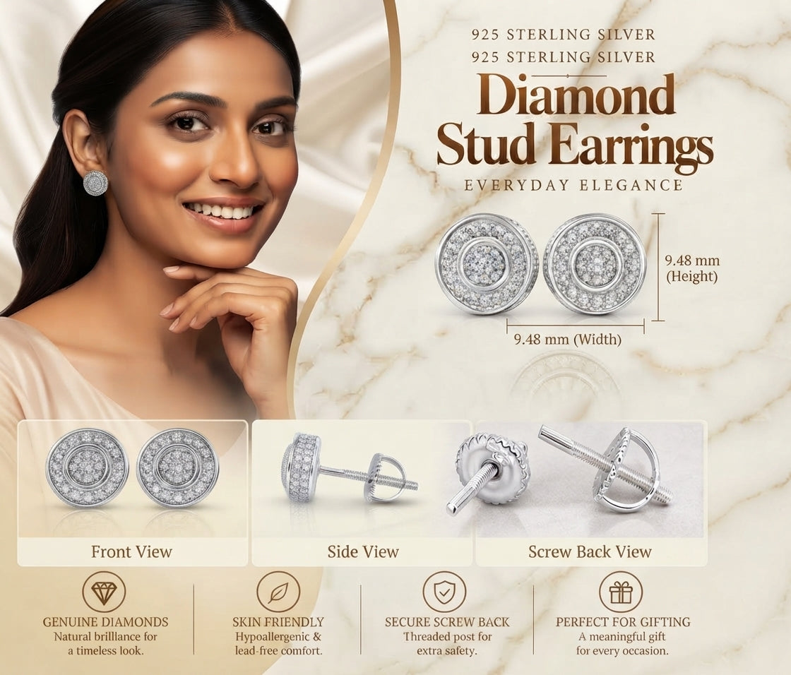 King Of Bling's 0.15ct Diamond 925 Sterling Silver stud White For Men / Women Round Earrings KING OF BLINGS