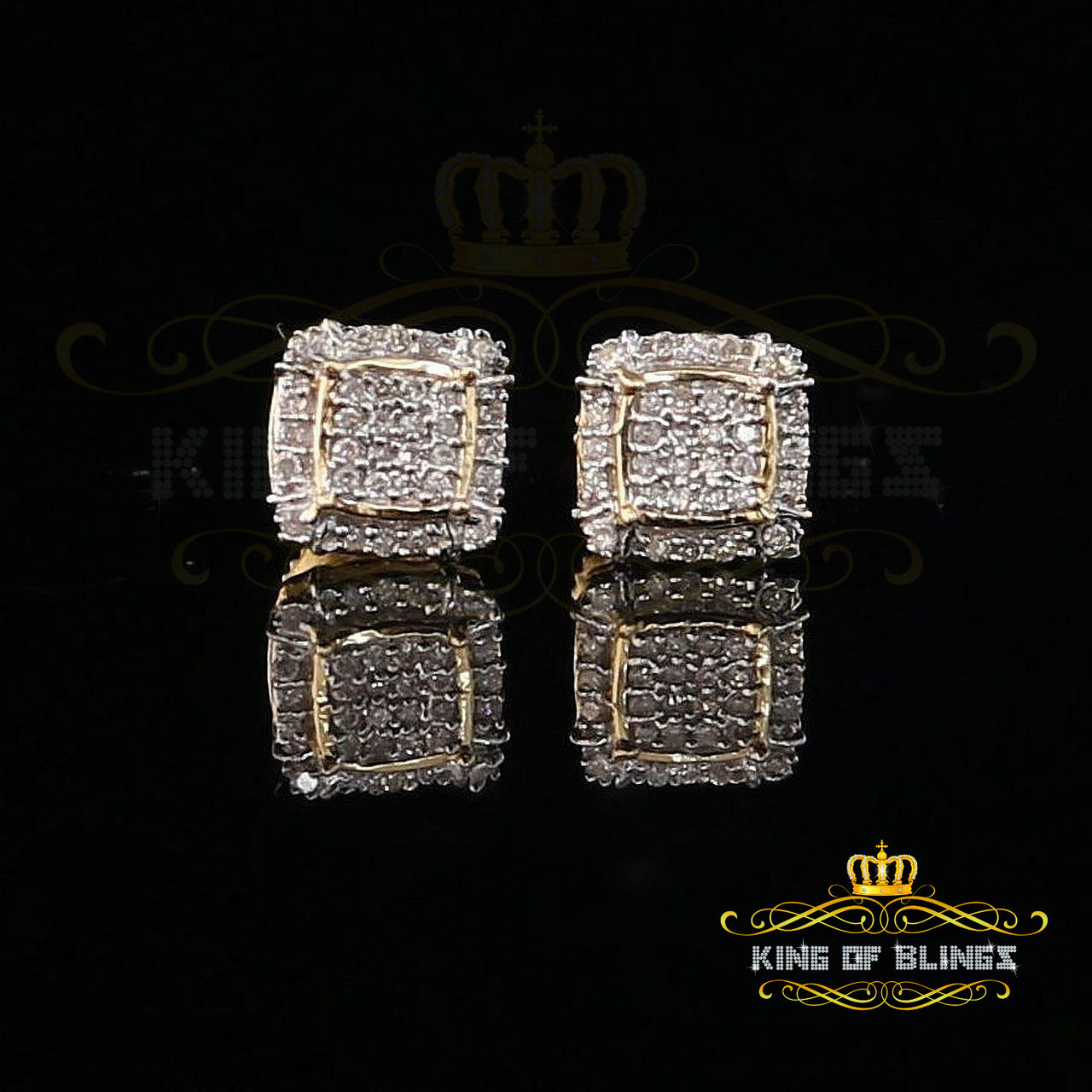 King Of Bling's 10k Real Yellow Gold Square Stud Earring with 0.15CT Diamond For Women And Men