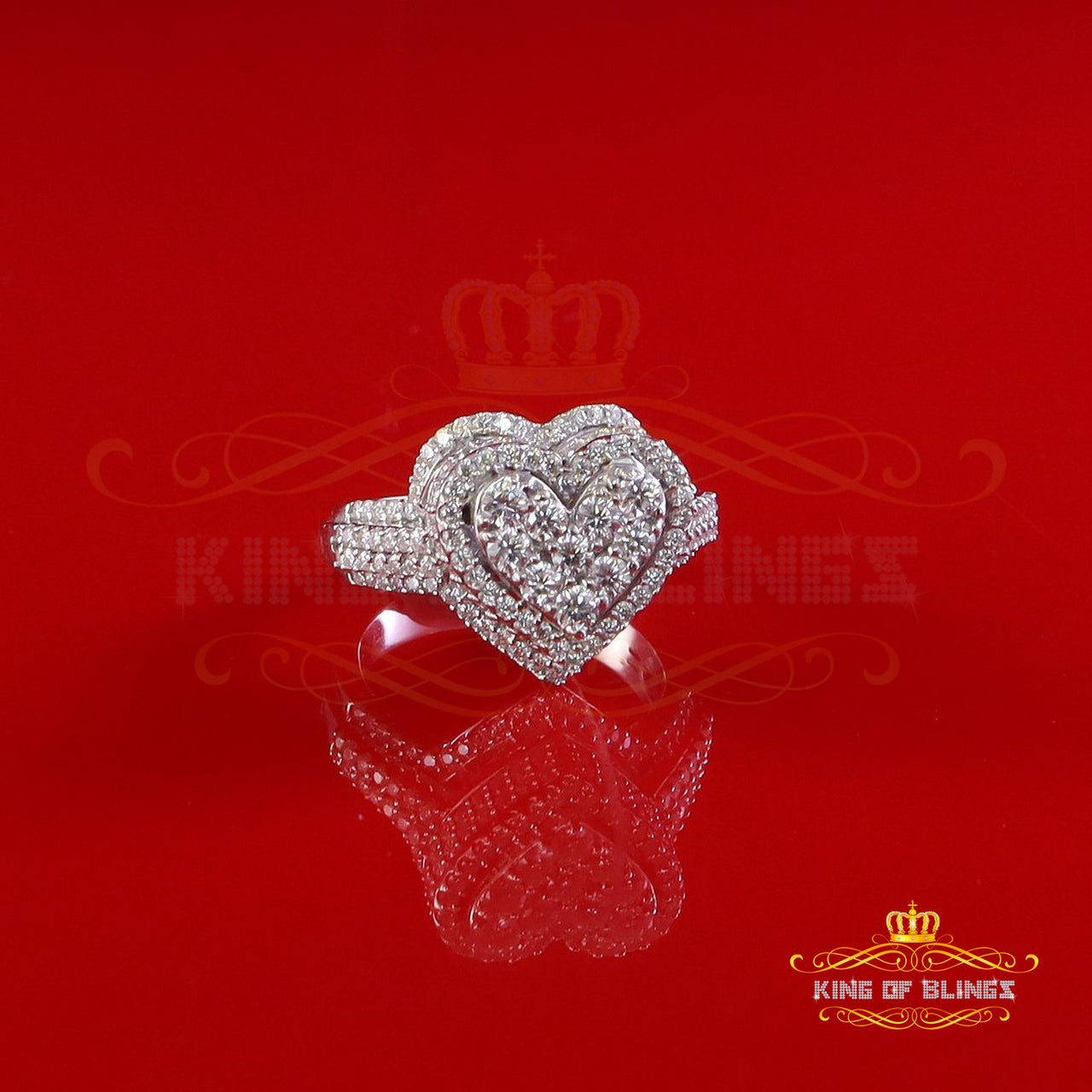 King of Bling's 2.50CT Women's 925 Silver White VVS 'D' Moissanite 3D Double Heart Ring Size 7