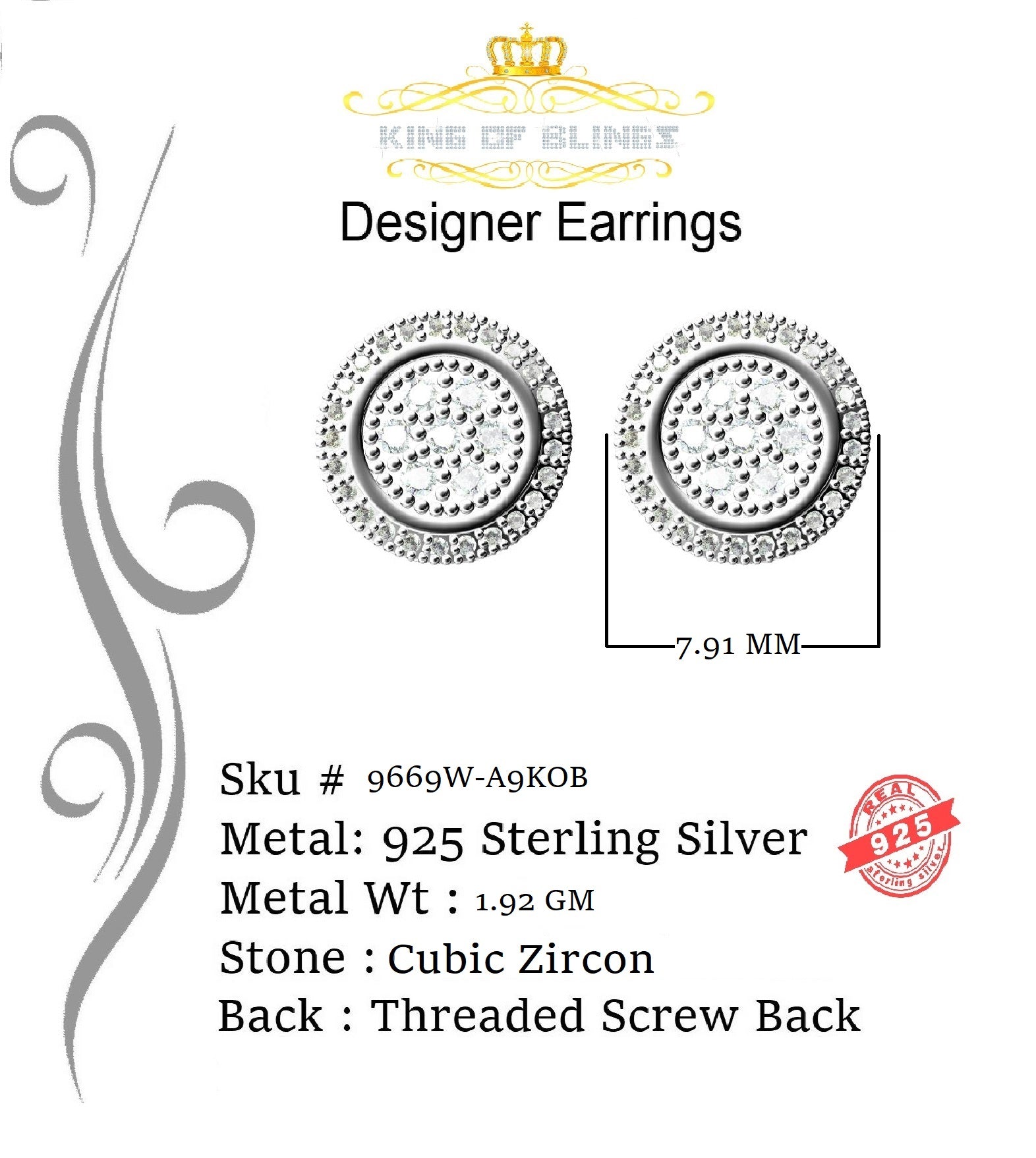 King of Blings- Aretes Para Hombre 925 White Silver Women's 0.5ct Cubic Zirconia Round Earrings KING OF BLINGS