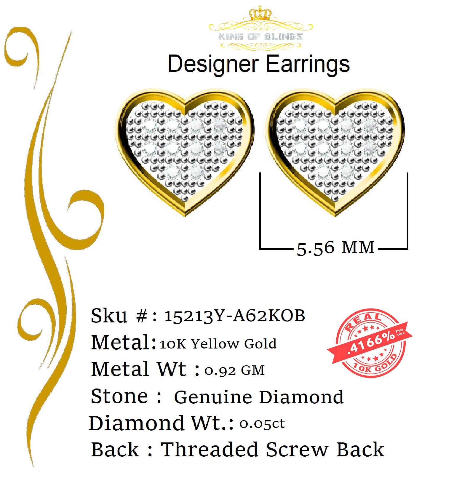 King Of Bling's 10K Real Yellow Gold with Real 0.05ct Diamonds Men's/Women's Stud Heart Earrings KING OF BLINGS