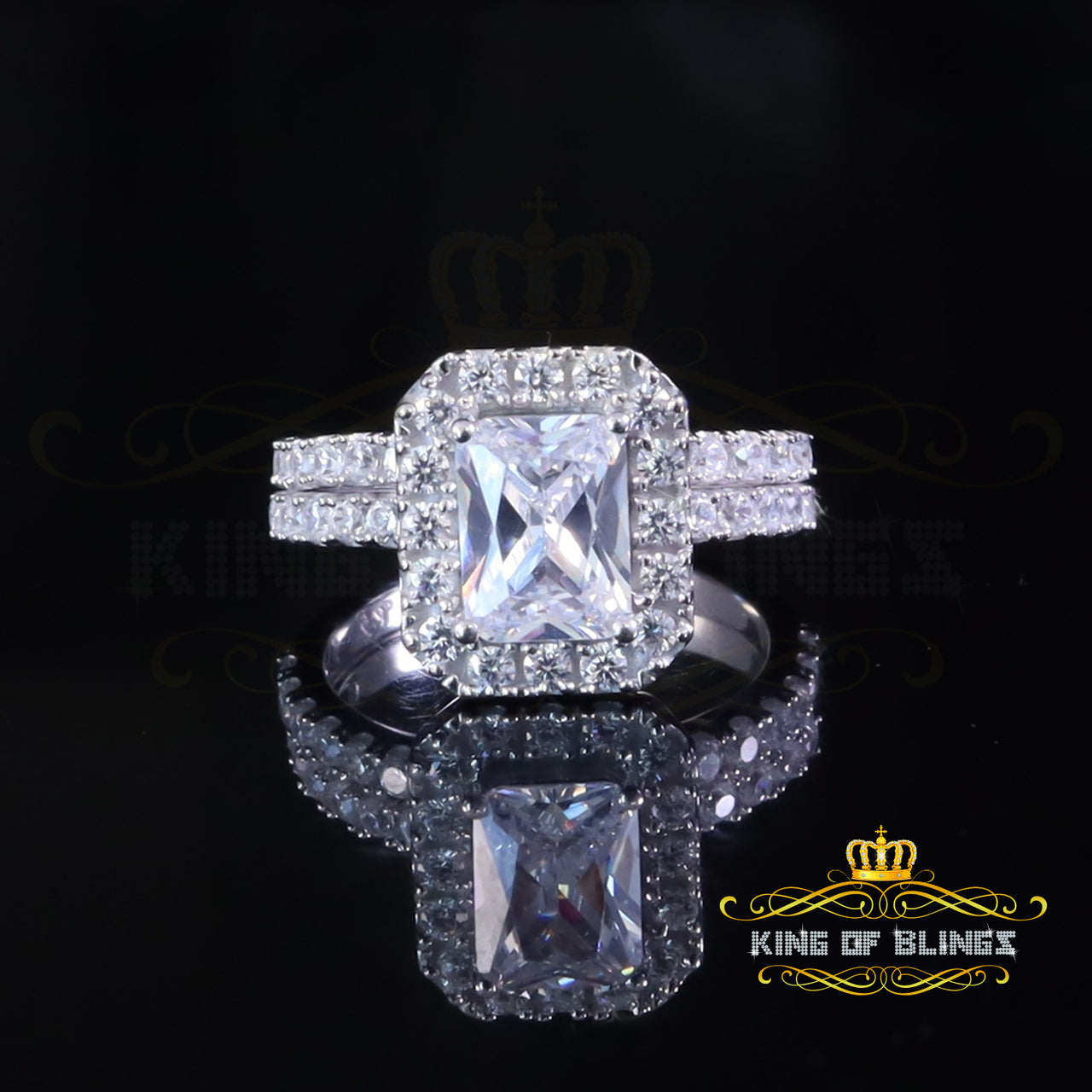 King Of Bling's2.97ct Cubic Zirconia Emearld Shape White Silver With Women Bridal Ring Size 7 KING OF BLINGS