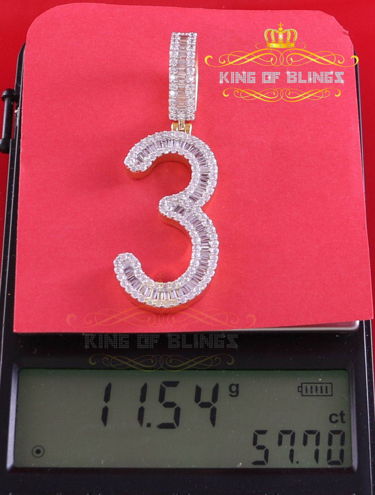 Yellow Sterling Silver Baguette Numeric Number 3 Pendant 4.65ct Cubic Zirconia KING OF BLINGS