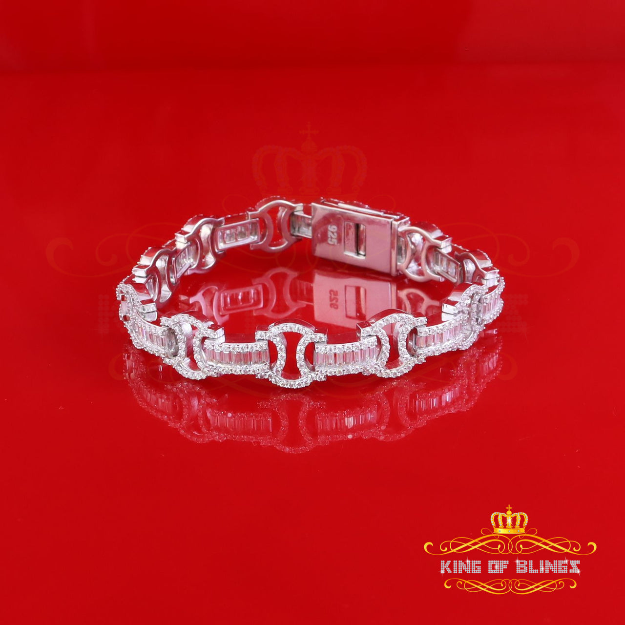 King Of Bling's 9.00ct Moissanite Baguette Silver White Byzantine Bracelet 8 In. Mens/Womens