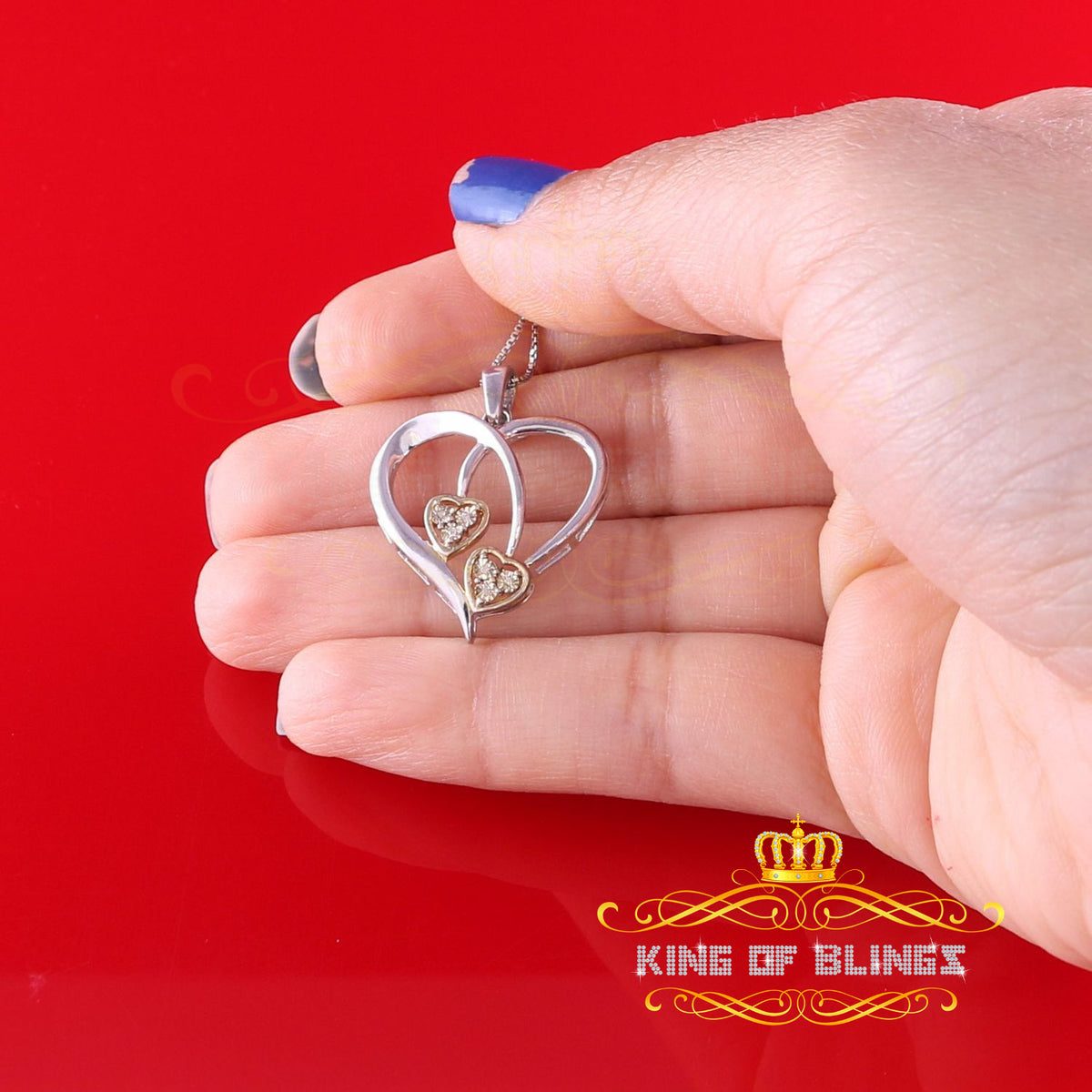 King Of Bling's 0.03CT Real Diamond Double HEART Sterling Silver with White Charm Pendant KING OF BLINGS