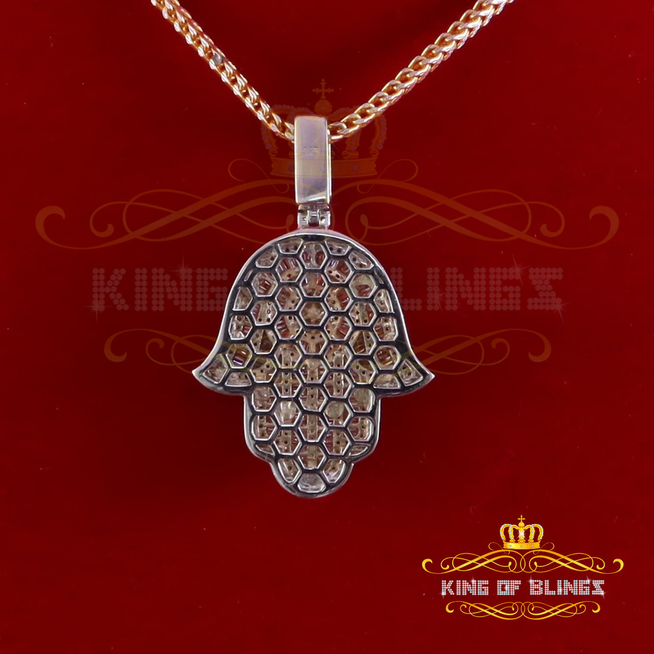King Of Bling's Baggutte 8.0ct VVS D Moissanite Yellow Silver Charm Hamsa Pendant Men's & Women KING OF BLINGS