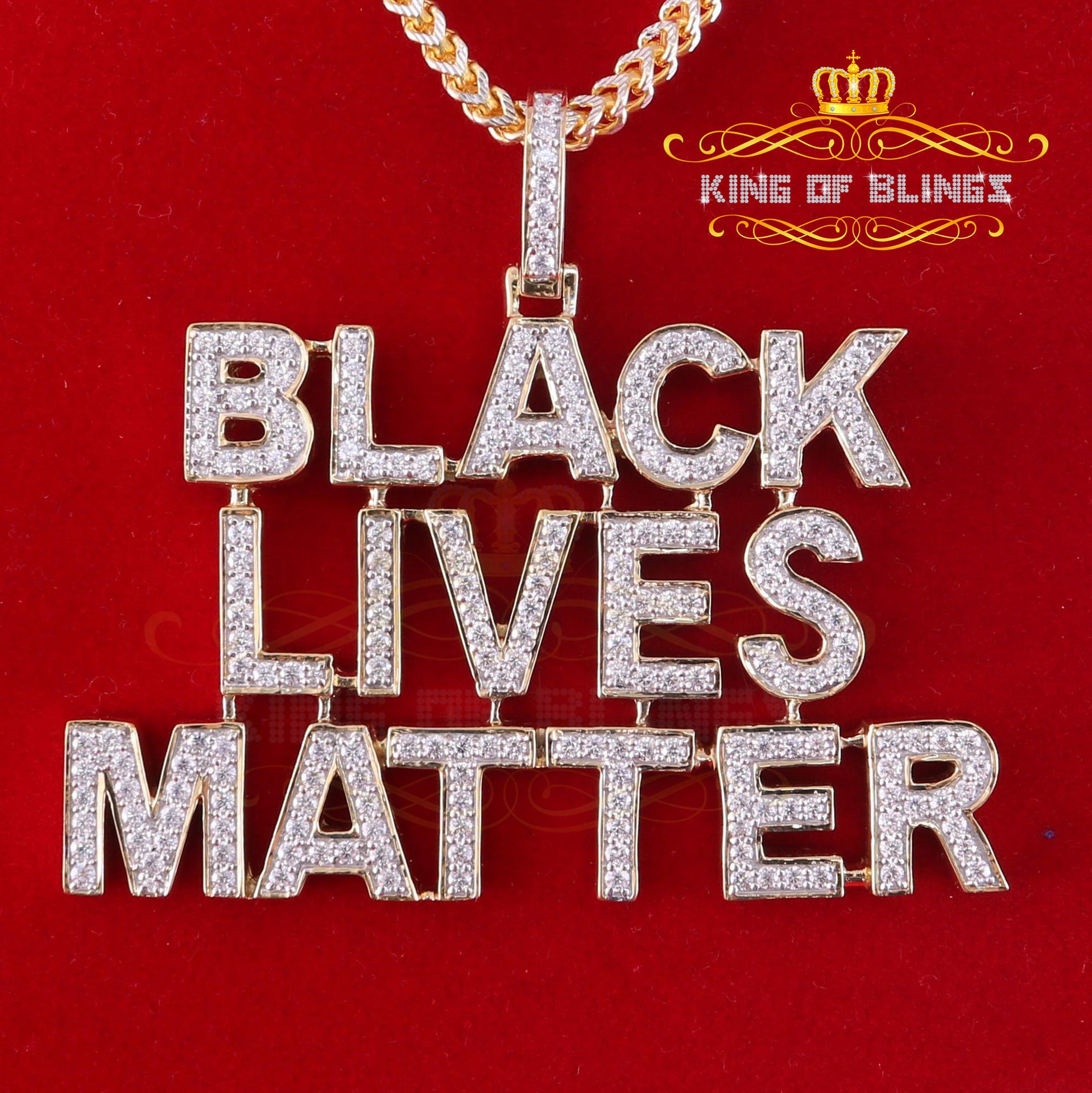 King Of Bling's Yellow Sterling Silver BLACK LIVES MATTER Sign Pendant 6.37ct Cubic Zirconia KING OF BLINGS