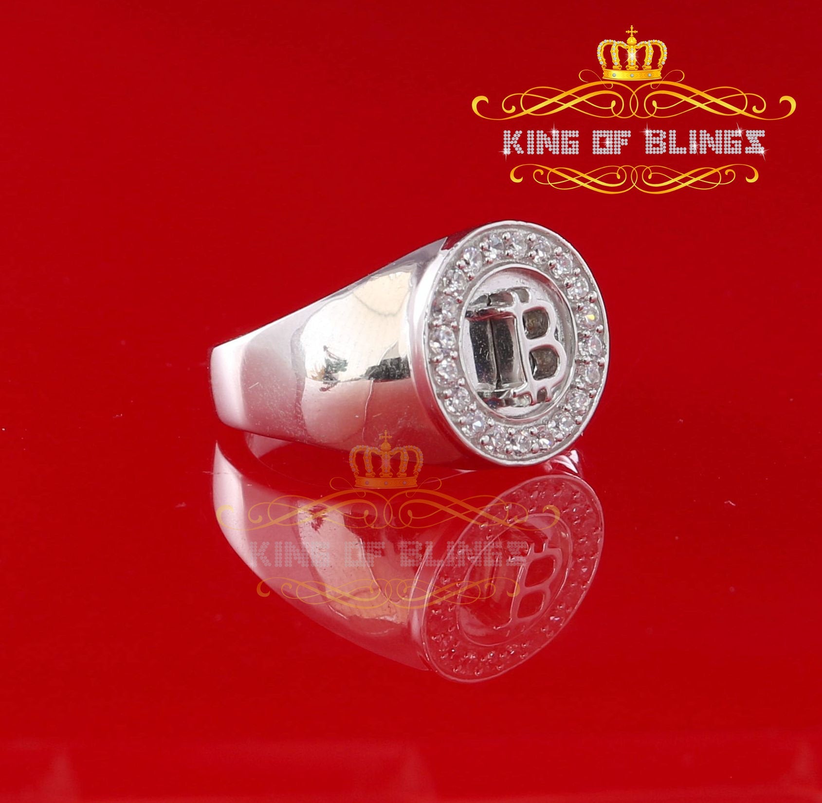 King Of Blings Men's 1.00ct Bit Coin Shape Cubic Zirconia White Silver Ring SZ 9 KING OF BLINGS
