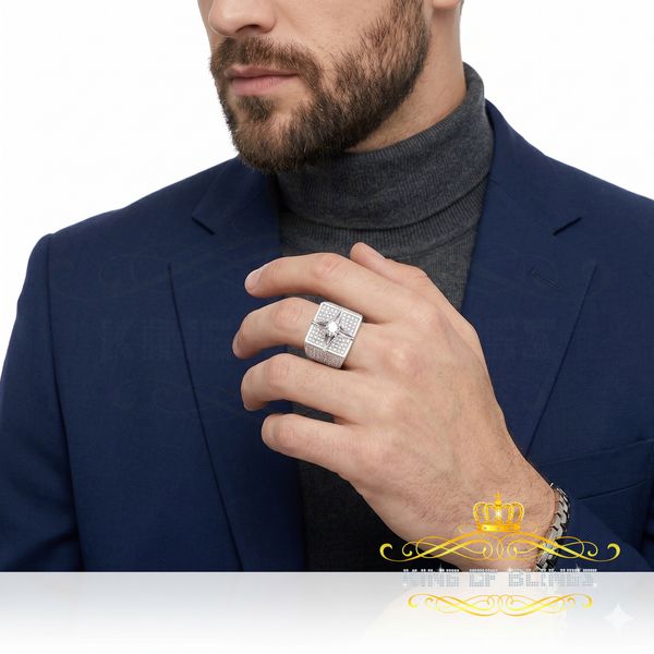 King of Bling's 925 White Sterling Silver 7.00ct VVS 'D' Moissanite Square Men's Rings Size 10