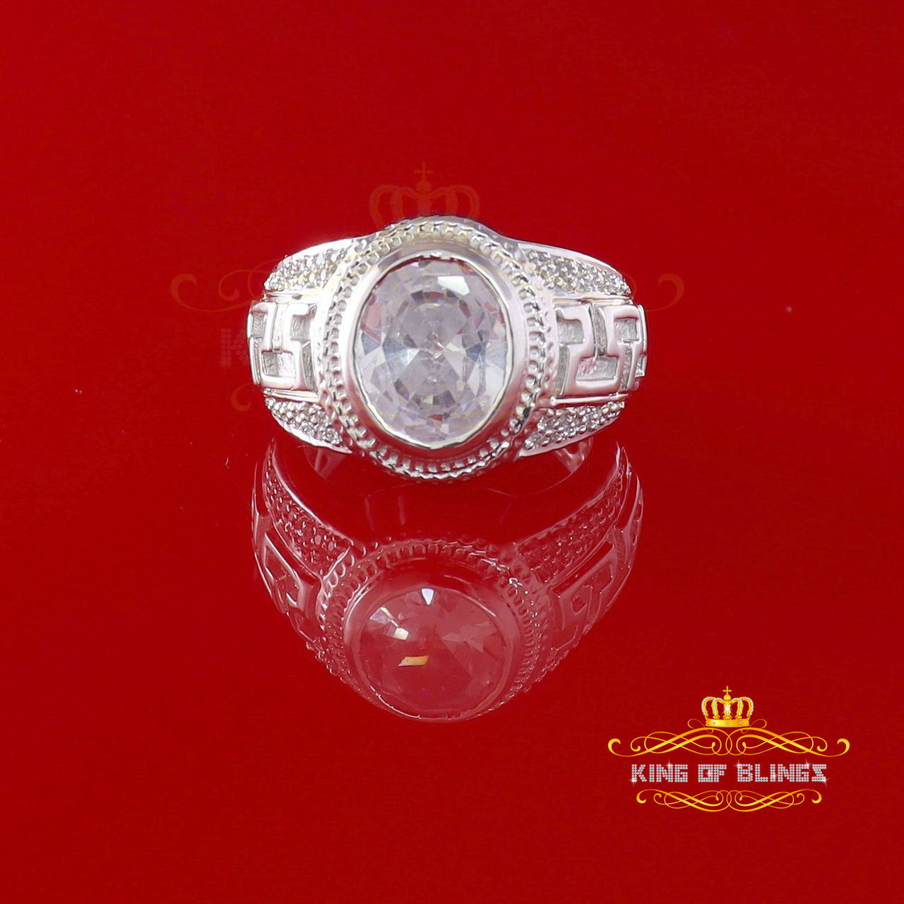 King Of Bling's8.10ct White Silver Oval Cubic Zirconia Men's Adjustable Ring From SZ 9 to 10