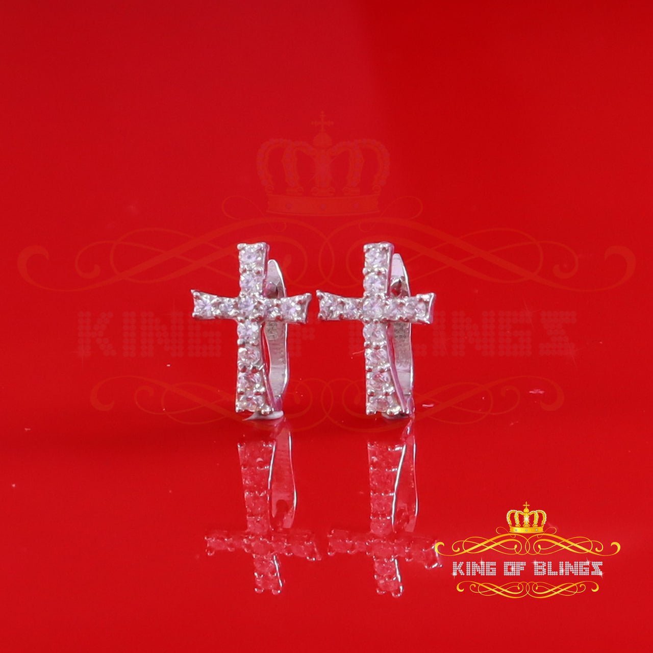 King of Bling's 925 Silver Round Shape White Hip Hop Cross Stud Earrings 22 CZ Stones Women KING OF BLINGS