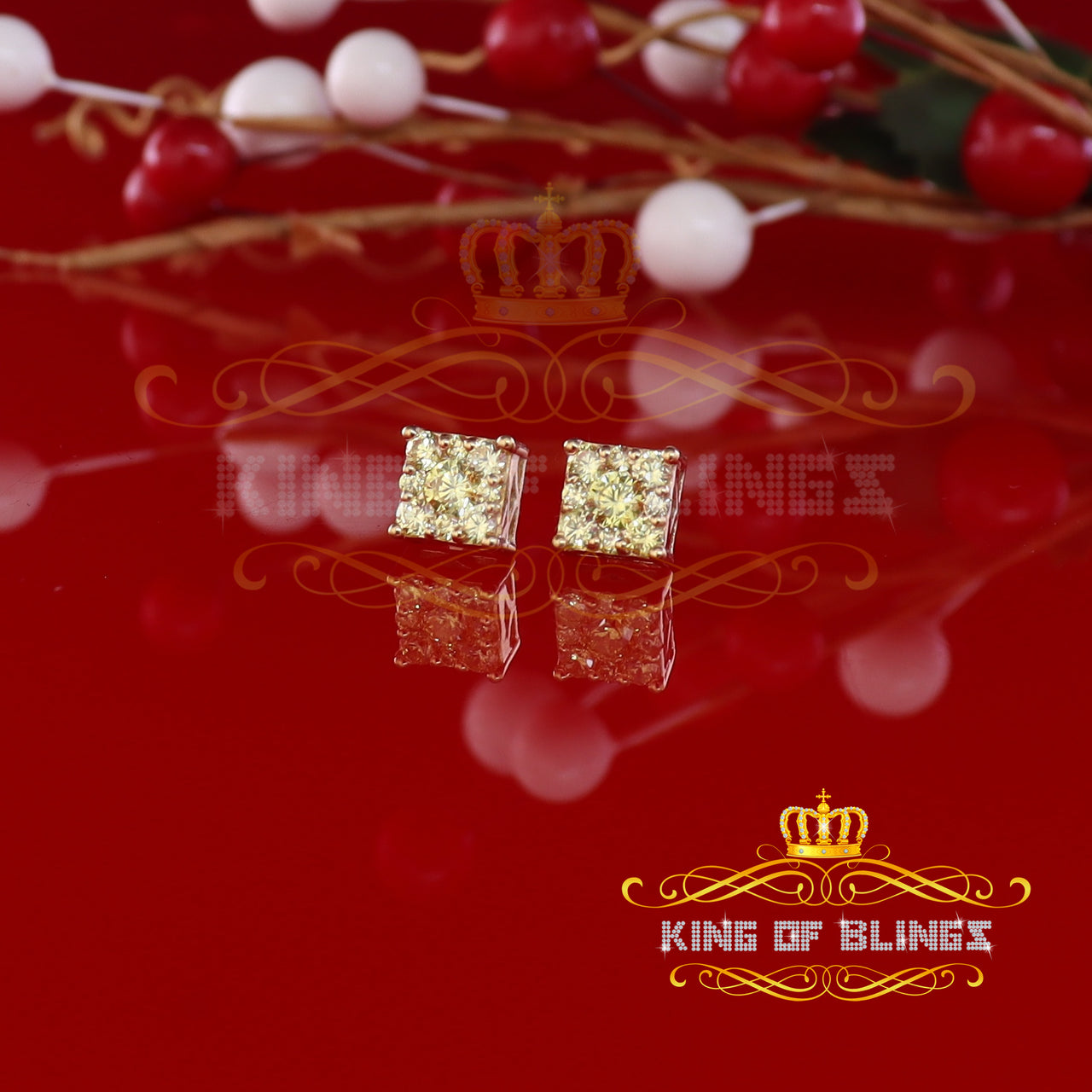 King of Bling's 2.00ct Cubic Zirconia 925 Yellow Silver Women's & Men's Hip Hop Square Earrings KING OF BLINGS