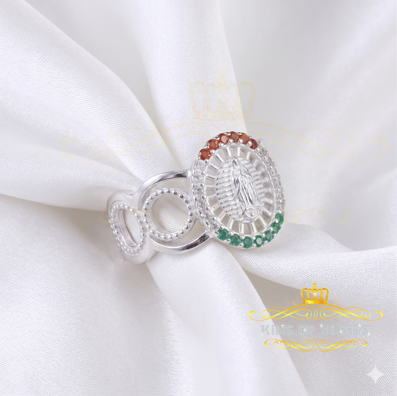 King Of Bling's925 White Virgin Merry Red & Green Round Shape CZ Women's Religious Ring SZ 8 KING OF BLINGS