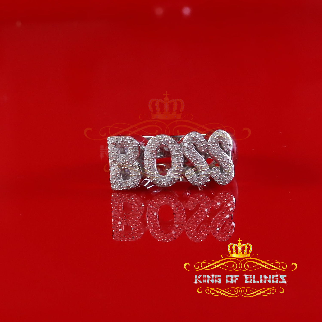 King Of Bling's Stylish "BOSS" 925 Silver White 0.50ct Micro Real Diamond Men's Band Ring SZ 8