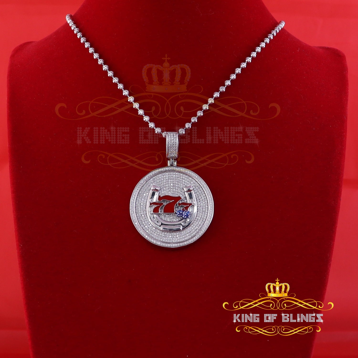 King Of Bling's 2.00ct Moissanite White 925 Silver Gamble Lucky 777 W/Dice Horse Shoes Pendant KING OF BLINGS