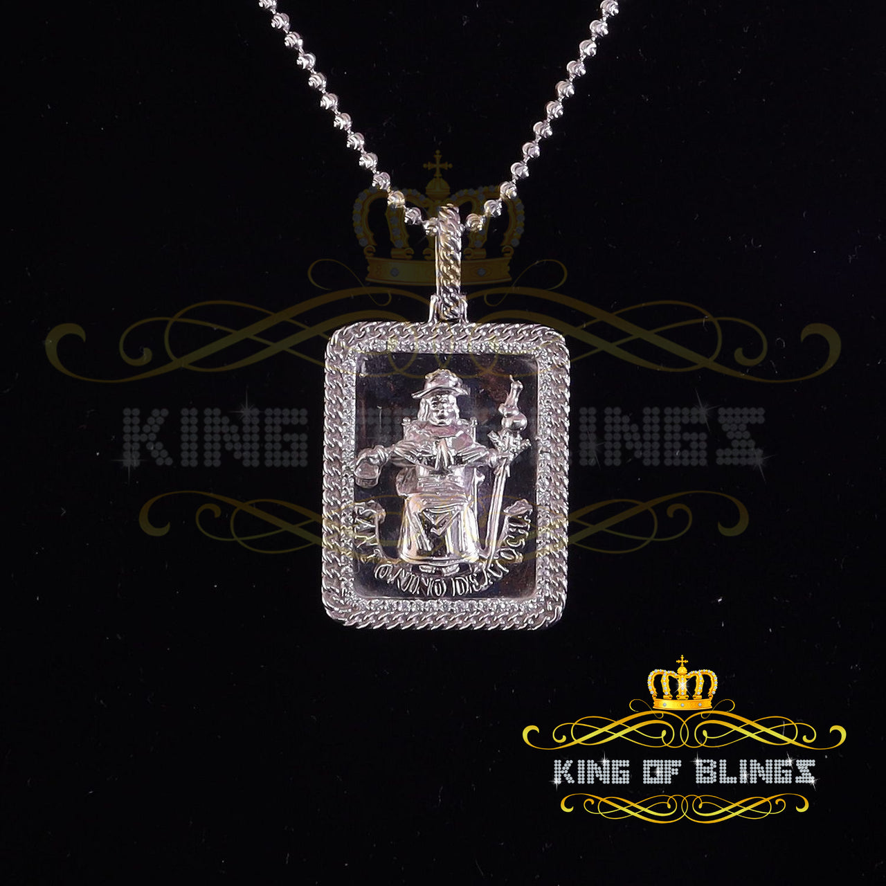 King Of Bling's Men's Square Santo Nino De Atocha 3D White '1'inch 925 Silver 0.66ct CZ Pendant