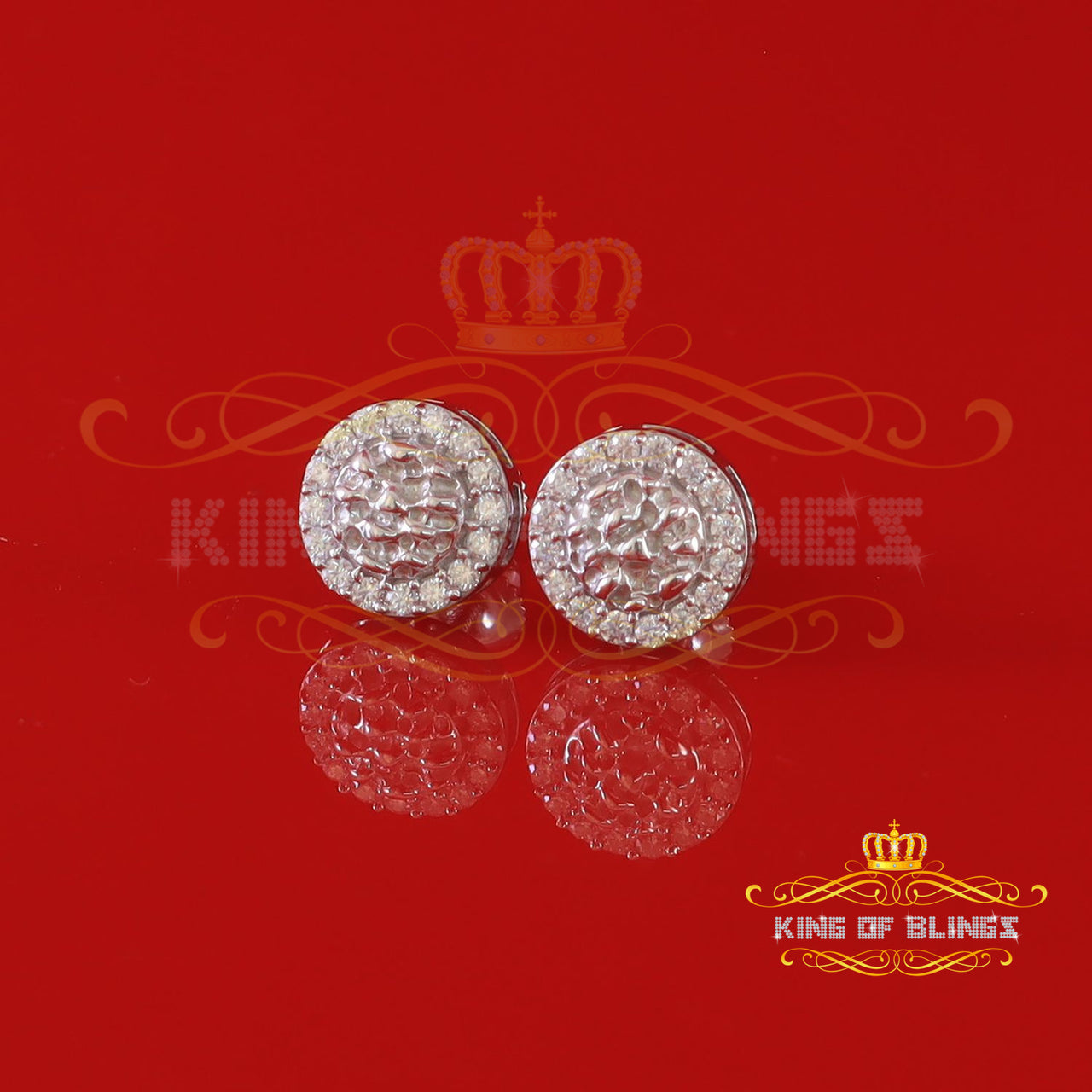 King of Bling's 1.00ct Moissanite White 925 Sterling Silver Women's Circle Shape Nugget Earrings