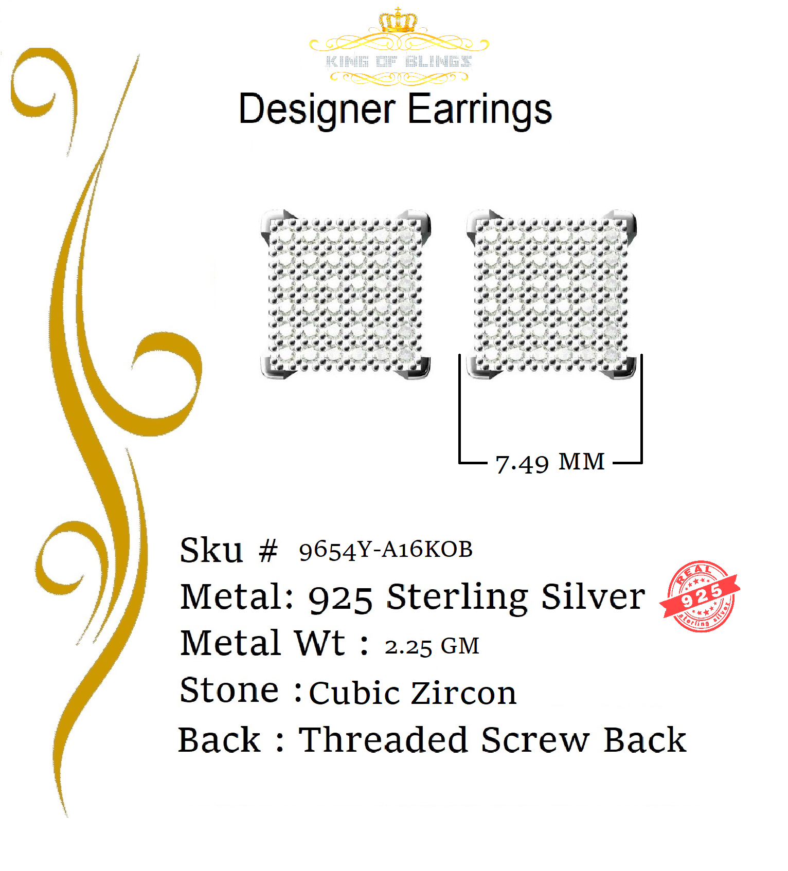 King of Bling's Aretes Para Hombre 925 Yellow Silver 0.72ct Cubic Zirconia Round Womens Earrings KING OF BLINGS