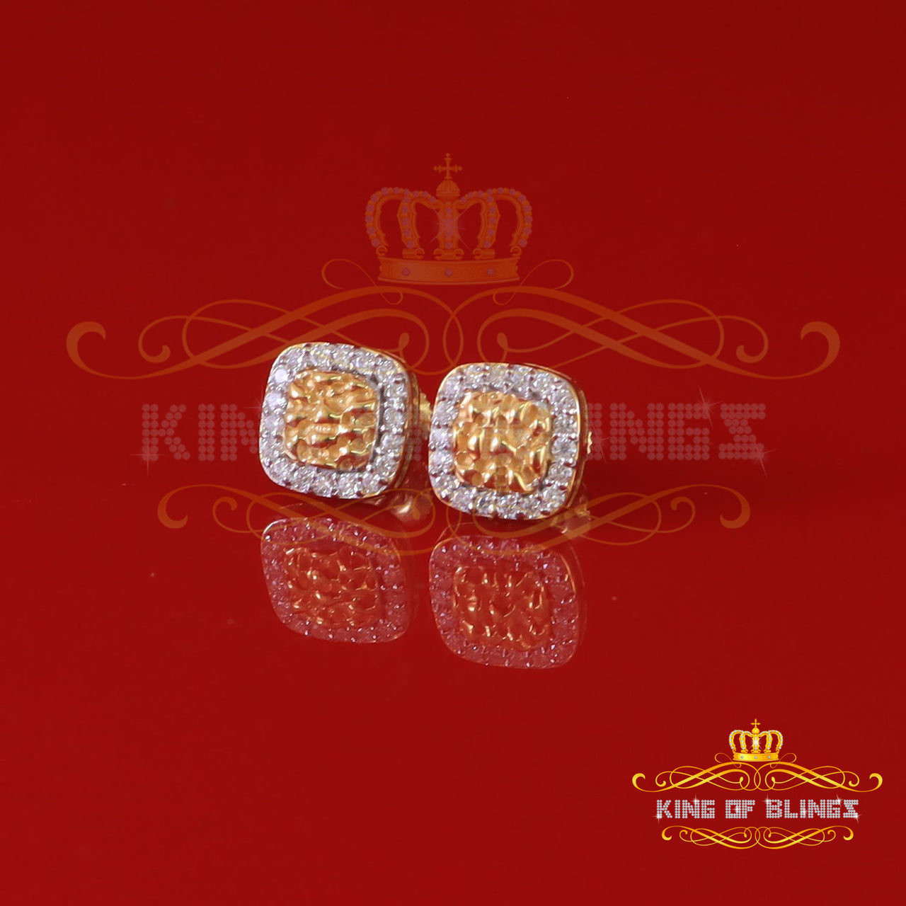 King  of Bling's 1.00ct Moissanite Yellow 925 Silver Women Round Edge Square Shape Nugget Earring