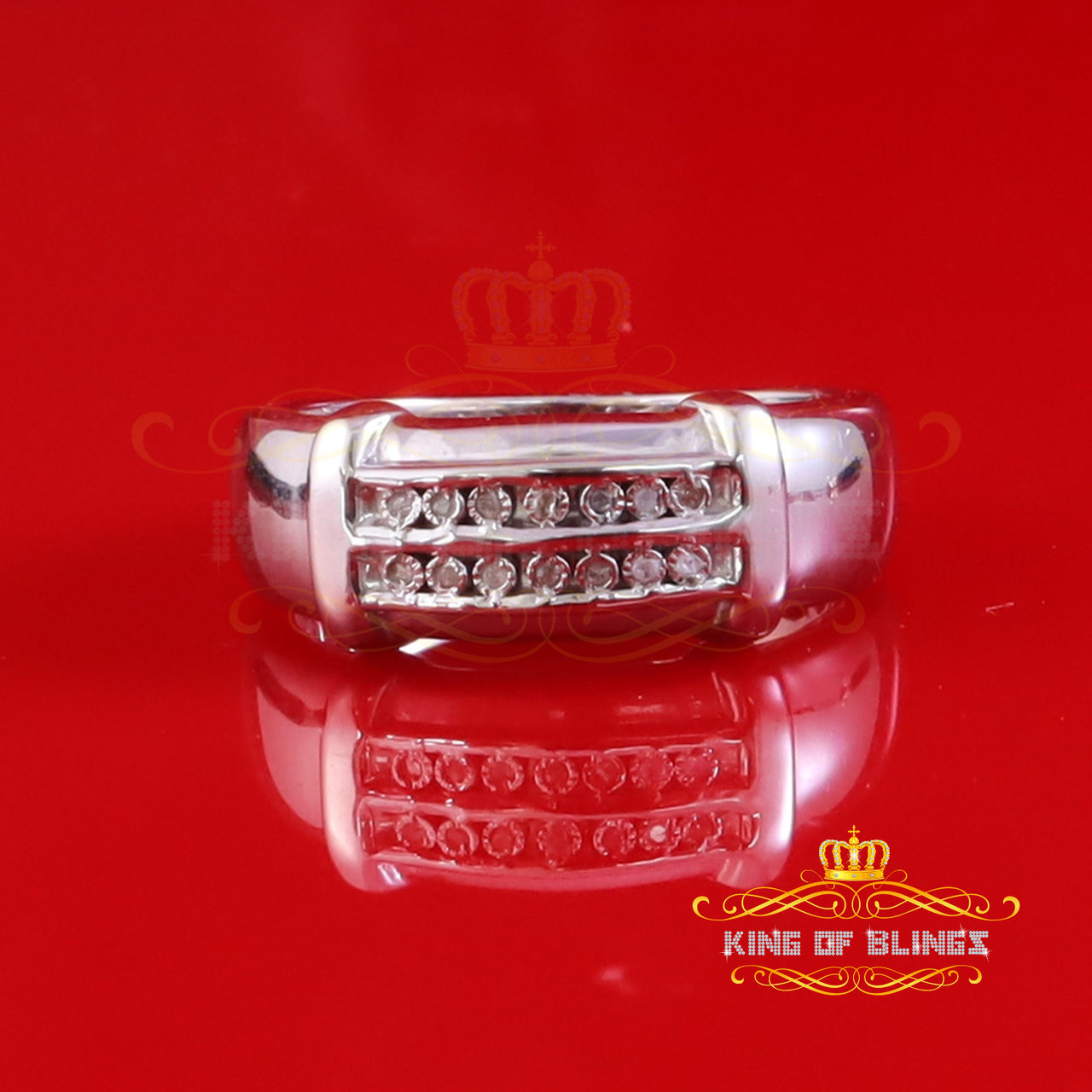 King Of Bling's 925 Silver Sterling White Double Row 0.05cts For Mens Wedding Band Rings Size 10