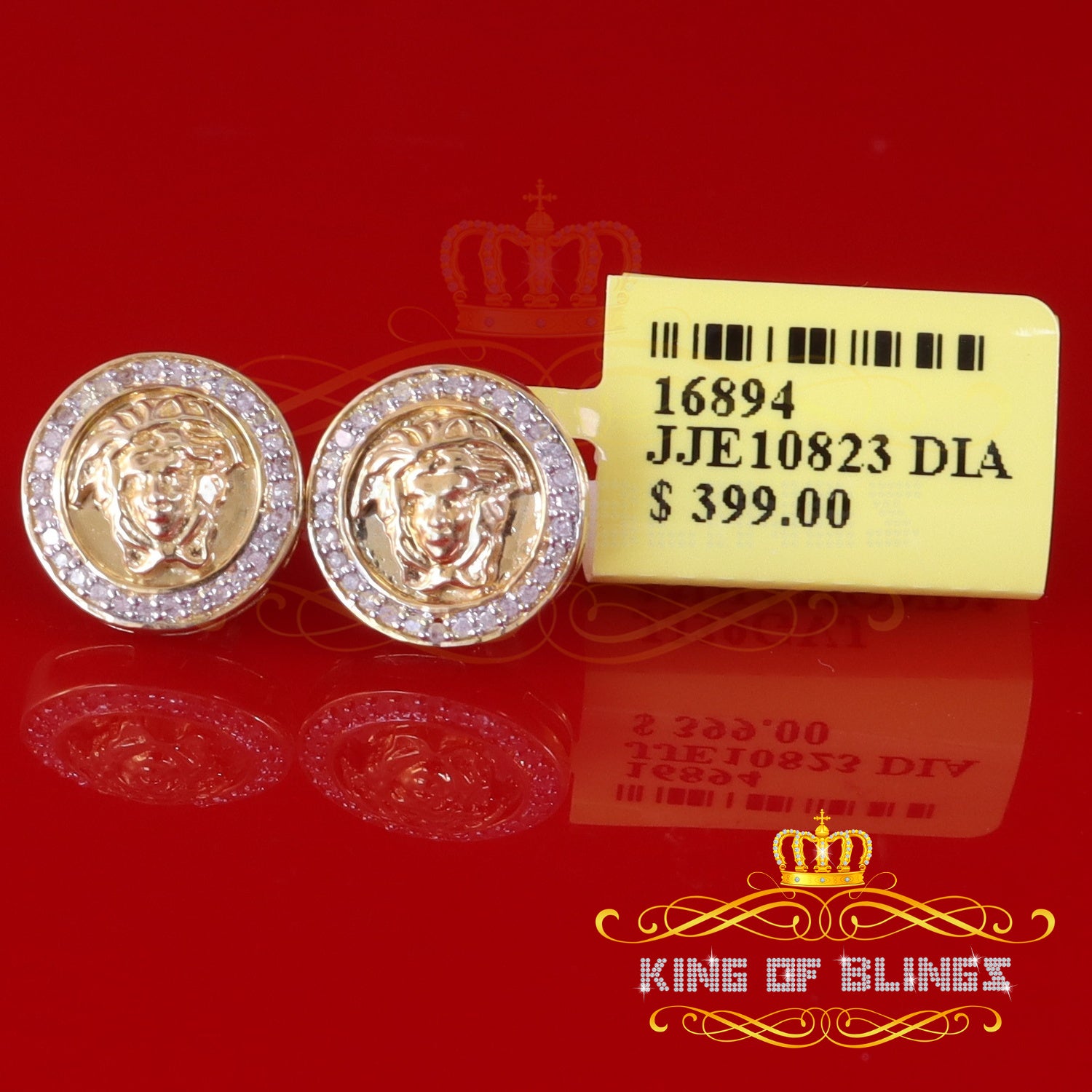 King of Blings-0.20ct Diamond 925 Sterling Yellow Silver for Men's & Womens Stud Medusa Earring KING OF BLINGS