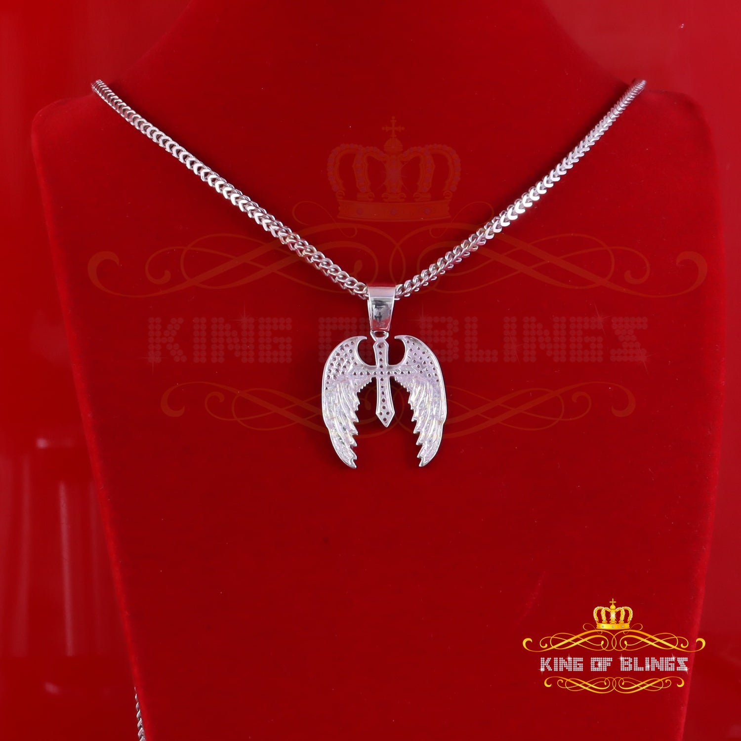 King Of Bling's White Silver Small 1.50ct Cubic Zirconia 925 Sterling Pendant Cross Angel Wing KING OF BLINGS