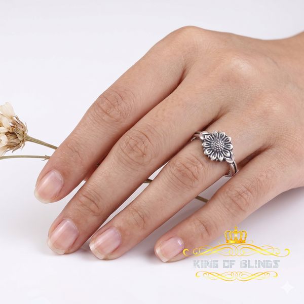 KING OF BLINGSWhite 925 Sterling Silver Oxidize Sunflower Spilt Shank Women's Ring SZ 7