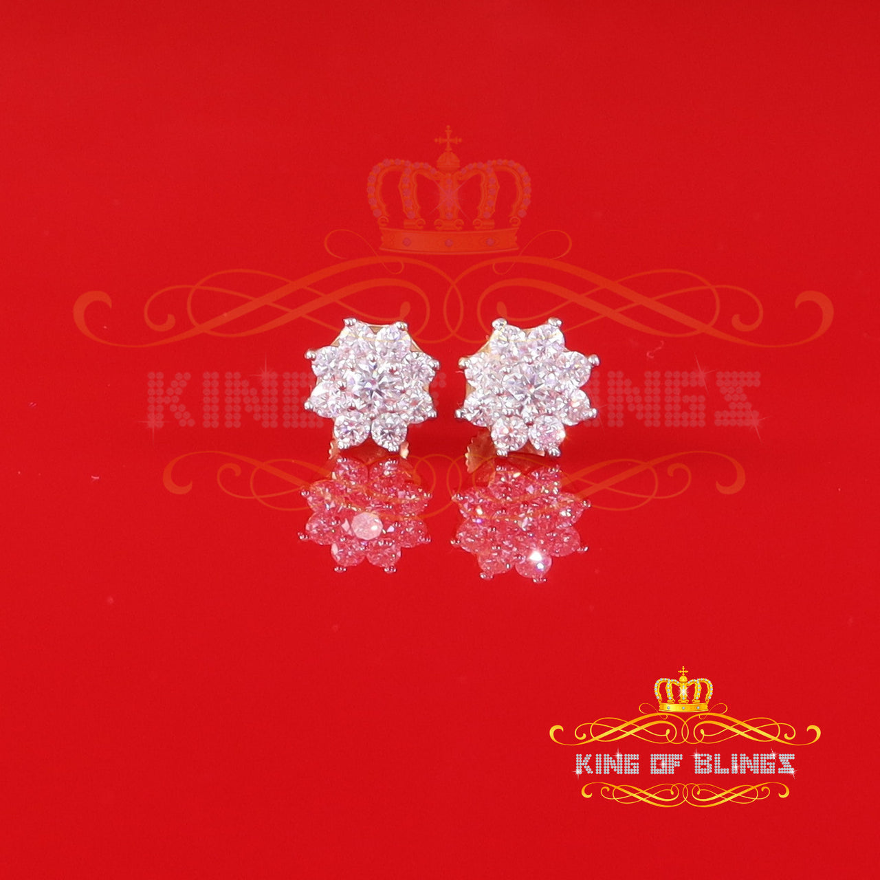 King of Bling's Men's/Womens Yellow Silver 1.00ct VVS 'D' Moissanite Flower Stud Earrings KING OF BLINGS