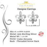 King of Blings- Fleur de Lis White 925 Silver Screw Back 0.62ct Cubic Zirconia Women Earrings KING OF BLINGS