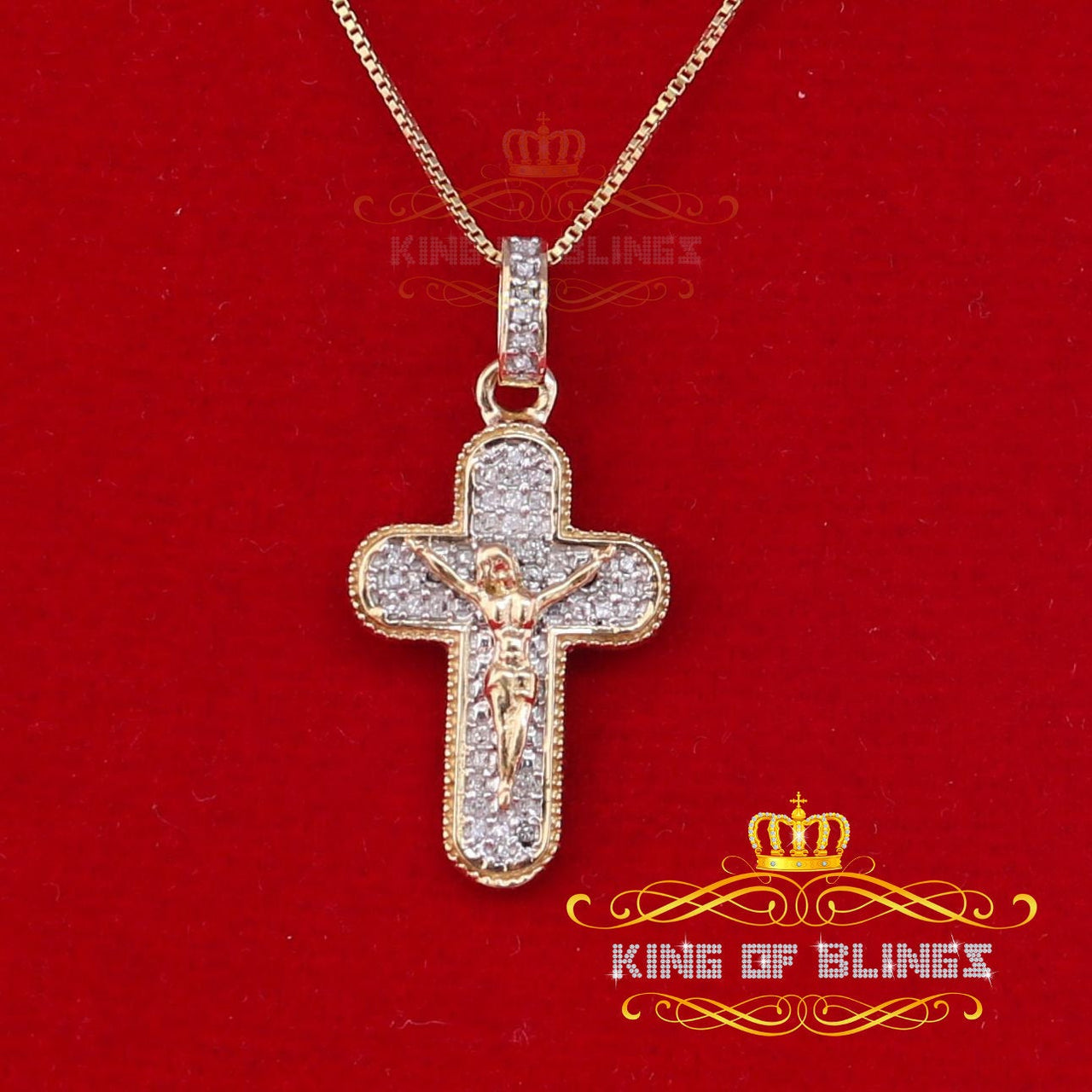 King Of Bling's Real 0.25ct Diamond Sterling Silver JESUS CROSS Charm Necklace Pendant in Yellow