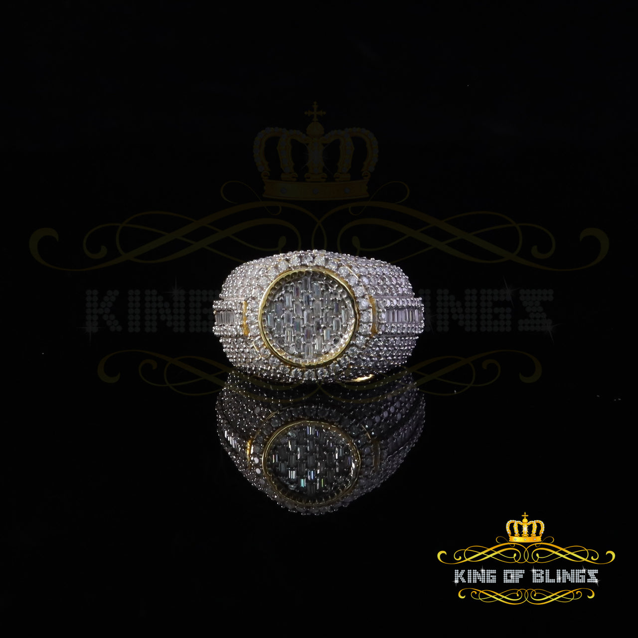 King of Bling's Sterling Yellow Silver 5.50ct Buguette VVS 'D' Moissanite Round Men's Ring SZ 10 King of Blings