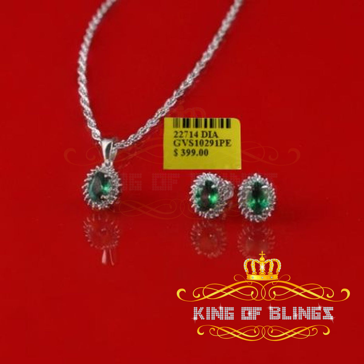 King of Bling's 925White Silver 0.33CT Diamond Oval Simulated Emerald stone Pendant &Earring Set King of Blings